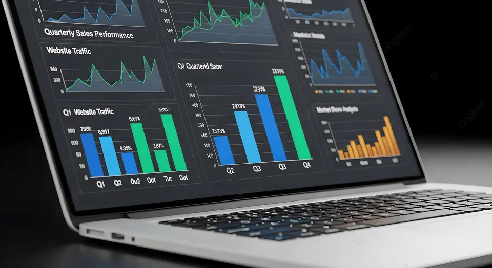 Laptop screen with a business intelligence dashboard and financial charts